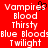 Red background with white pixelated text reading 'Vampires', 'Blood', 'Thirsty', 'Blue Bloods:Blue Bloods', and 'Twilight' arranged in two , one featuring a black heart symbol above the first word
