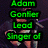 Pixelated image of a person in motion with four text overlays: green "Adam Gontier Lead Singer of", yellow "Three days Grace", cyan "that band is...", red "my love!".