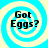 Four identical circular icons with blue and white spiral backgrounds display the text "Got Eggs?" in black pixelated font.
