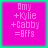 Four identical pink square icons with white text reading "Amy +Kylie +Cabby =Bffs" on a green background, arranged in a