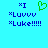 A static pixel art image with a bright cyan background, displaying blue text and a green heart symbol.