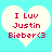 Two identical heart-shaped icons with red text on a light blue background, each displaying 'I Luv Justin Bieber<3' in pixelated font.
