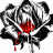 Black-and-white rose with red liquid dripping from its center, displayed in a of identical frames