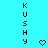 Two vertical of black pixelated text 'KUSHY' on cyan background with pixelated heart symbols between and to the right of the