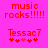 A bright pink background displays red pixelated text reading "music rocks!!!!!" and "Tessac7" with five red and pink heart symbols below, showing animation changes in heart colors.