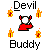 Pixelated character with red horns and red lower body, surrounded by orange-yellow flames, with 'Devil' above and 'Buddy' below on gray background.
