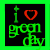 A contact sheet of 13 animated frames showing a pixelated 'i ❤️ green day' icon with changing heart colors on a black background, surrounded by bright green borders.