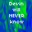 Pixelated text 'Devin will NEVER know' on a blue-green gradient background with a gray rectangular overlay on the right side.