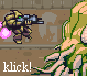 Pixel art scene showing a mechanical robot firing pink projectiles at a large green plant-like creature in an industrial setting.