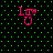 Four identical pink 'L' and 'U' letter combinations on a black background with green dots, each with a small pink pixelated shape near the 'U'.