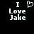 Black background with white pixelated text and a heart symbol; 'I' above 'Love Jake' on the left, 'I' above 'Love Jake' on the right.