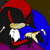 Pixelated character with red hat and blue cape, white beard, holding a black object in right hand against dark background.