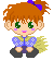 Pixelated character with orange hair in a high ponytail, green eyes, pink cheeks, and blue floral top against gray background.