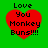 Four identical red heart-shaped icons with black text "Love You Monkey Buns!!!" on a green background, arranged in a