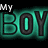 Two identical static images of text with teal glow on black background, each showing 'MY BOYBOY' in large blocky letters.