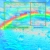Pixelated static image with gradient background transitioning from light blue to turquoise, featuring a diagonal rainbow stripe and faint rectangular outlines.