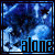 Pixelated blue and white background with black stars and the word 'alone' in blue and black text, animated