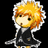 Pixelated character with spiky blonde hair and black outfit in three poses against black background.