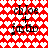 Red background with white heart pattern, black text 'chloe + justin' repeated in four quadrants.