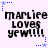 Pixelated text 'marliee loves yew!!!' in black on white background with blue star and dotted line accents, arranged in a of six identical