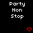 Black background displays repeated white text "Party Non Stop" with red pixel hearts, one gray square visible at bottom right.