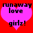 Two identical pink heart shapes on red background with black text reading 'runaway love girlz!' in pixelated font.