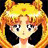 Pixelated anime-style character with long orange hair, black shoulder-length bangs, and a yellow headband with a red gem, set against a dark background.