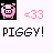 Pixelated pink pig icon with <33 symbol and 'PIGGY!' text on white background.