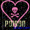 Pink heart outline with skull and crossbones inside, 'POISON' text below, pixelated noise background, repeated in pattern
