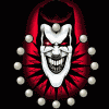 A red and white clown face with glowing eyes, surrounded by white pearls on a black background.