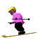 Pixelated skier in pink jacket and yellow helmet performs sequential skiing motions with crossed ski poles on white background.