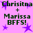 Pixelated text and star shapes on a pink background with green lettering, showing 'Christina + Marissa BFFS!' repeated across four