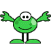 Green cartoon character with white eyes and black pupils, smiling face, green limbs in various poses against gray background.