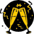 Static pixel art of two yellow champagne flutes clinking against a black circular background with scattered golden sparkles and small white dots.