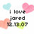 Pixelated image with black text reading 'i love jared 12.13.07' surrounded by four pastel hearts in light blue, pink, coral, and lime green on a white background.