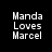 Four variations of a pixelated text-based icon showing "Manda Loves Marcel" with different red highlight bars across the text on a black background.