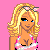Pixel art contact sheet showing a blonde female character in various poses with pink-themed clothing and Valentine's Day text on a solid pink background.