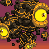 Pixel art creature with multiple yellow eyes, dark brown body, and orange crack-like patterns on a purple-to-red gradient background.