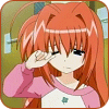 Anime-style character with long orange hair and pink sleeves wiping eyes, wearing white shirt with green clover symbol.