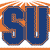Pixelated blue 'SU' letters with brown outlines and orange accents on a white background, featuring a small orange arrow-like shape inside the 'S'.