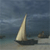 A static pixelated image of a sailboat with a single white sail on calm water under a cloudy sky.