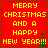 Red background with yellow text reading "MERRY CHRISTMAS AND A HAPPY NEW YEAR!" and green pixelated tree symbols, arranged in a of four identical
