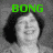 A grayscale image of a person with short dark hair smiling, overlaid with green text in different positions across four