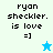 Pixelated text 'ryan sheckler. is love =]' on light and blue backgrounds with a star icon changing color.
