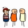 Animated contact sheet of 25 pixel-art frames showing a cartoon sequence with three stick figures and evolving text, depicting disbelief about a missing brother followed by searching for him.
