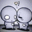 Four pixelated cartoon figures in various poses: two gray figures kissing, a yellow and blue figure standing side-by-side, a yellow figure hugging a blue figure, and two light-colored figures with one holding an object.