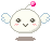 A 4-frame pixel art contact sheet of a white round character with wings, pink cheeks, and a floating pink gem above its head across four distinct expressions on a gray background.