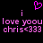 Pixelated pink text and symbols on black background: two 'i' letters above 'love yoou', 'chris<333', and a heart symbol.