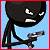 Pixelated character with dark hair and white eyes, holding a long object against a light blue background with a pink border.