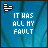 Animated contact sheet of 11 frames showing a blue background with vertical lines, white text "IT HAS ALL MY FAULT", and a black-and-white striped heart icon in the top-left corner, where individual letters change color across frames.